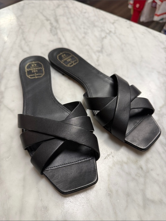 Emerson Fry Shoes - Emerson Fry Black Leather Crisscross Slide Sandals